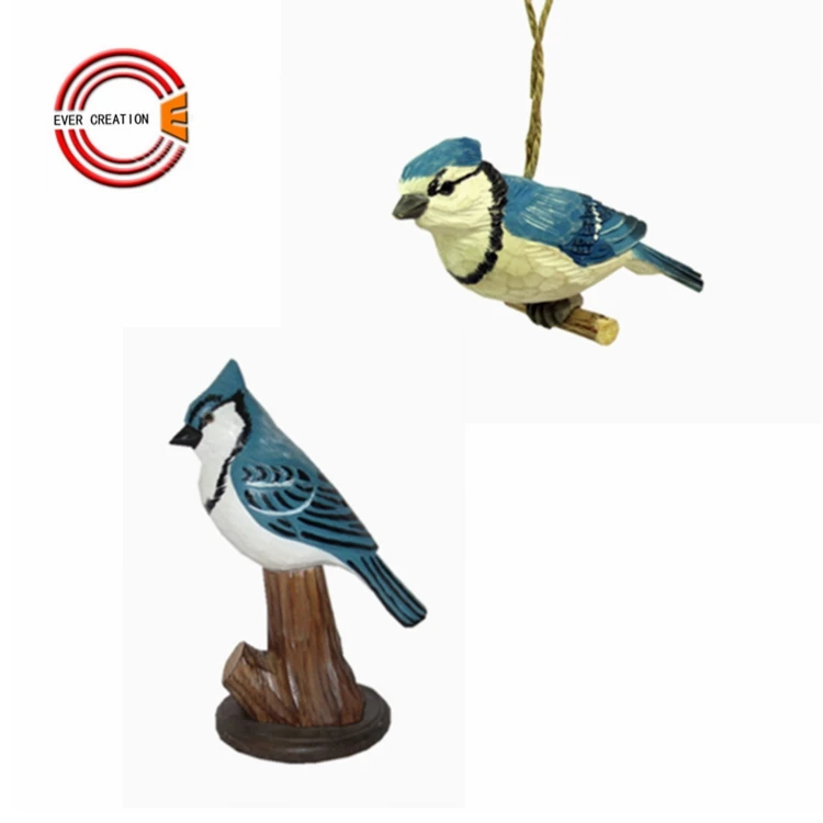 Factory Wholesale Wooden Carving Birds Model Crafts Decoration Blue Jay Carved Wooden Bird