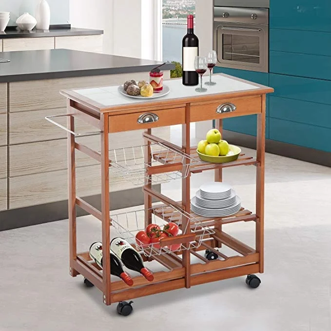 
Rolling Tile Top Wooden Kitchen Trolley Microwave Cart with 6 Bottle Wine Rack 