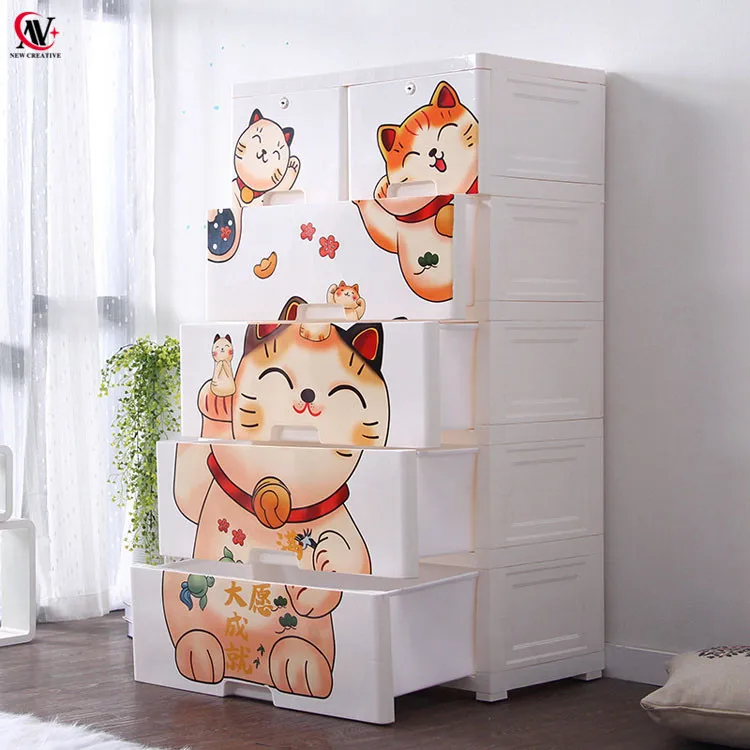 cartoon lovely cat 5 layer storage drawer for baby  plastic clothes cupboard with two locks