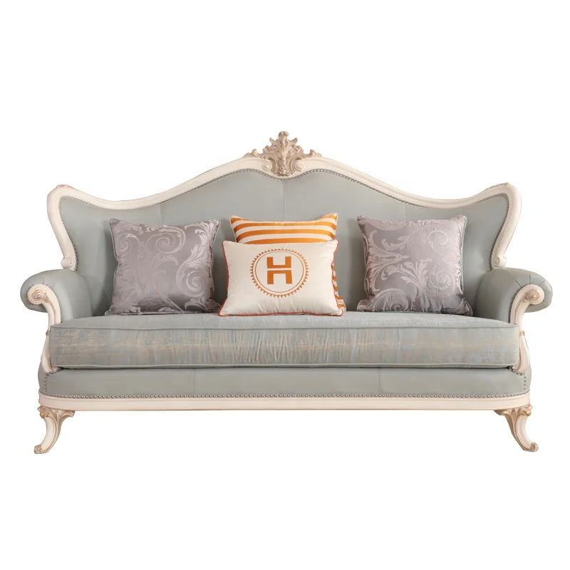 European style living room Decorated furniture Luxurious neoclassical real wood leather sofa 3 2 1 sectional set