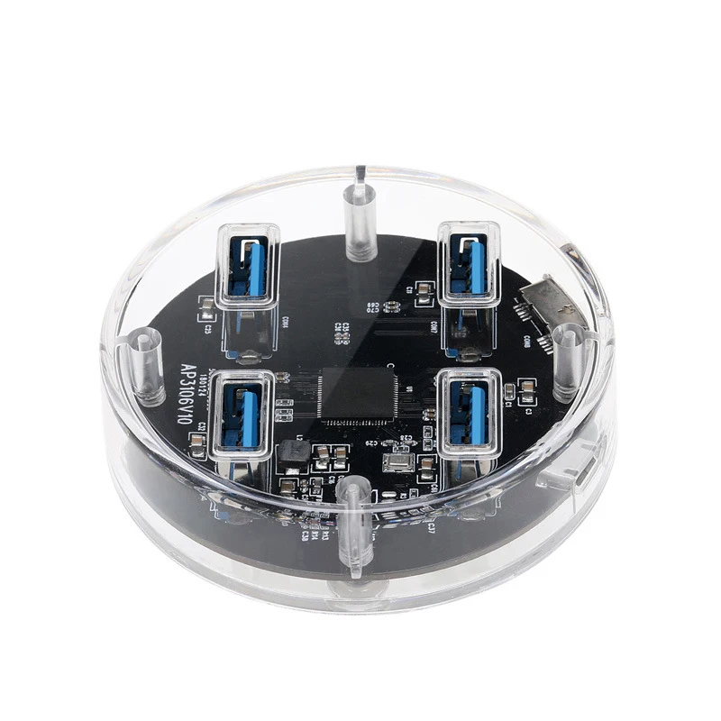 5Gbps speed Round 4 port USB3.0 USB 3.0 Transparent desktop USB hub multi-pronged data and power transmission with blue LED