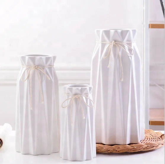 Origami ceramic vase floral four-color pink gray blue green white with twine