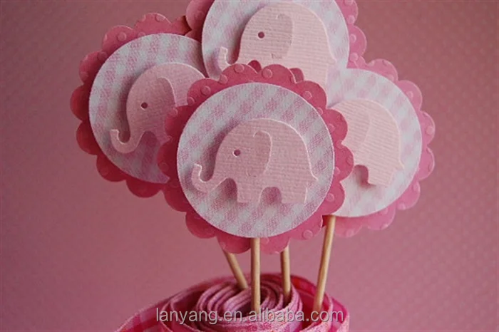 Customized Round Pink Elephant Girl Cupcake Picks Baby Shower Birthday Party Cake Decor Toppers