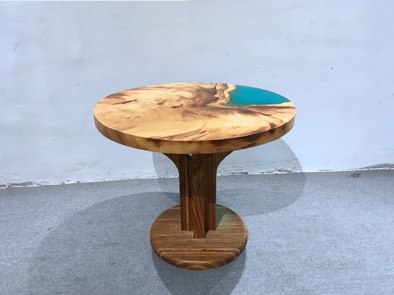 Beautiful Wood grain solid walnut wood with blue epoxy resin table top river round coffee table