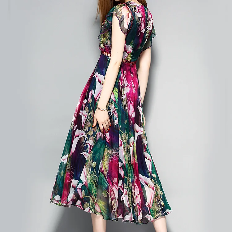 
Yihao Wholesale Woman Chiffon Flare Dress Ladies Big Size European Fashion Casual Floral Print Maxi Dresses 
