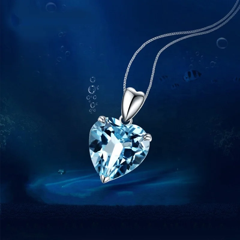 Blue Crystal Topaz Pendant Ocean Heart Shaped Necklace 925 Silver