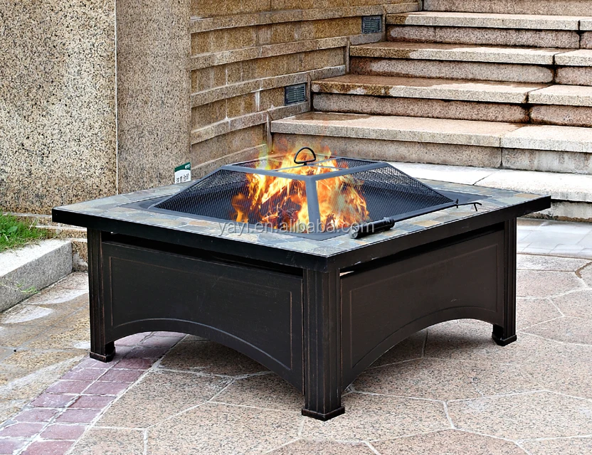 Outdoor Metal Fire pit Square Table Backyard Patio Garden Stove Wood Burning with Spark Screen