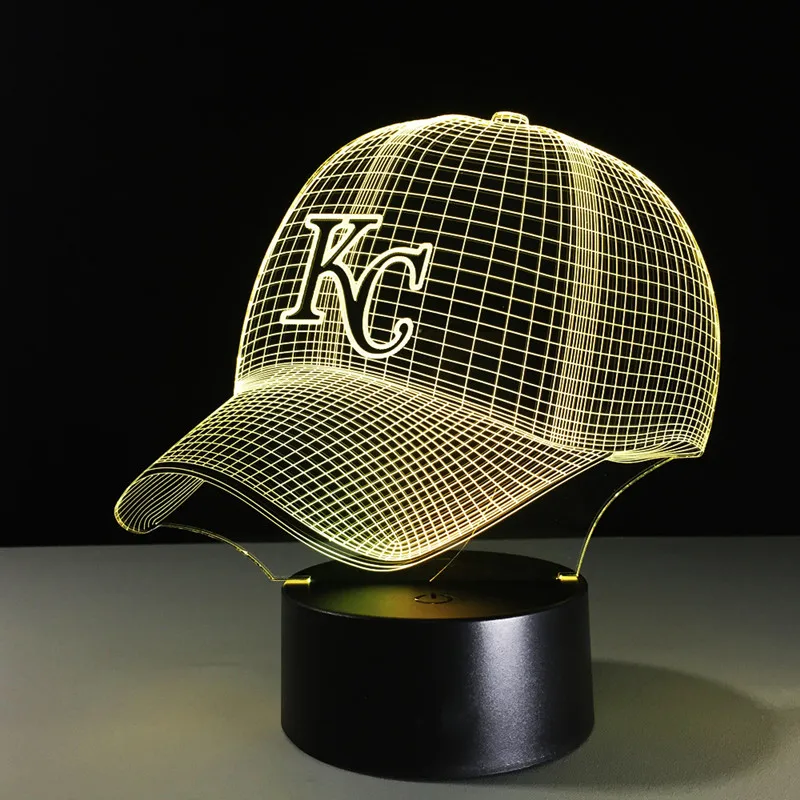 Novelty MBL Kansas City Chiefs Royals Baseball Cap Illusion LED Night Light Colorful Hologram 3D Desk Lamp for Home Decor Gifs