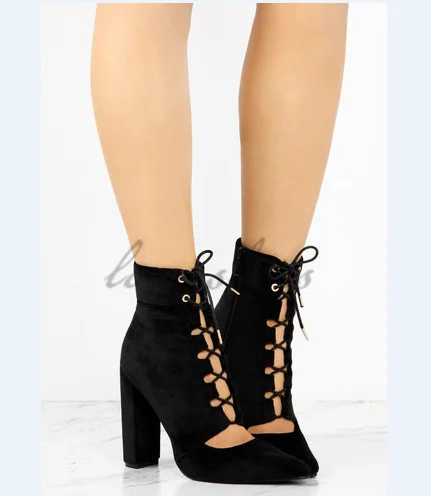 New style fashion Ladies pointed toe cut out ankle boots chunky heel ankle boots for women