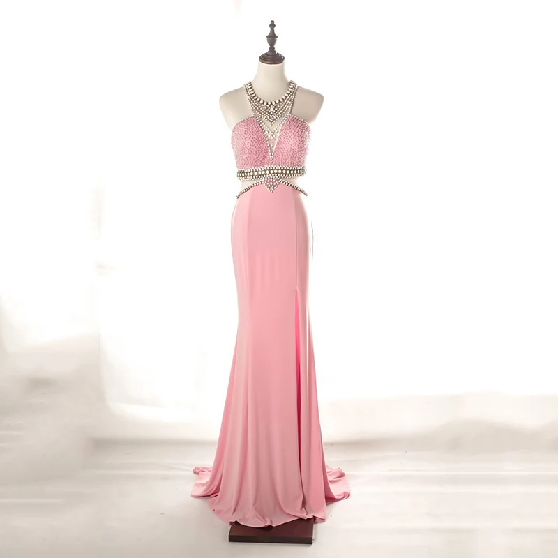 Modern Dubai luxury long ball gown beaded pink halter evening dresses