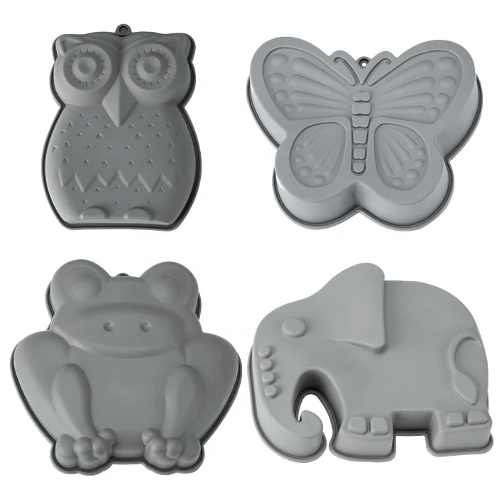 4 Different Cartoon Animal Shape Silicone Cake Molds/Baking Pans with Butterfly, Owl, Frog,Elephant