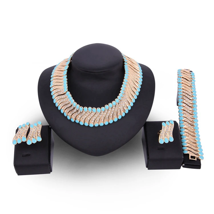 African 18k Gold Plated Dubai Big Costume Diamond Jewelry Sets Women Fashion Statement Party Wedding 4 Piece Jewelry Set