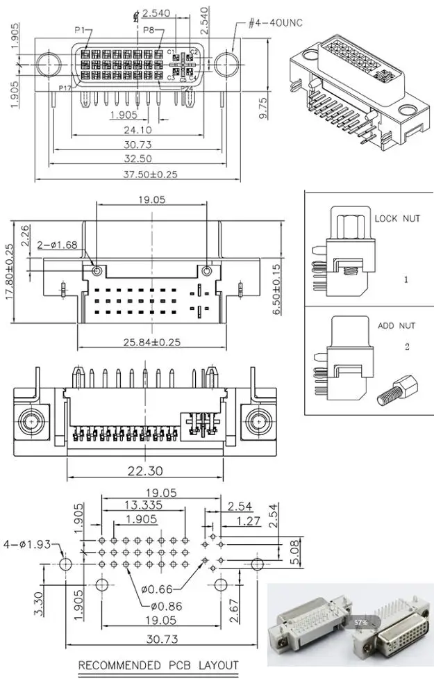 PCB Mount DVI24+5 Female DIP Connector Right Angle