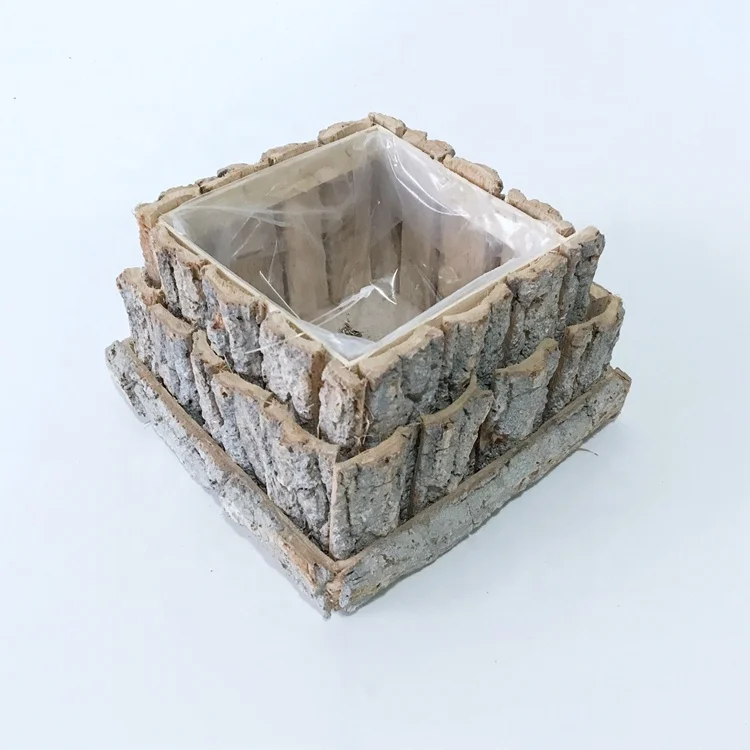 
Hot sales decorative square shape double-deck unique design poplar bark pot with plastic lining for planting 