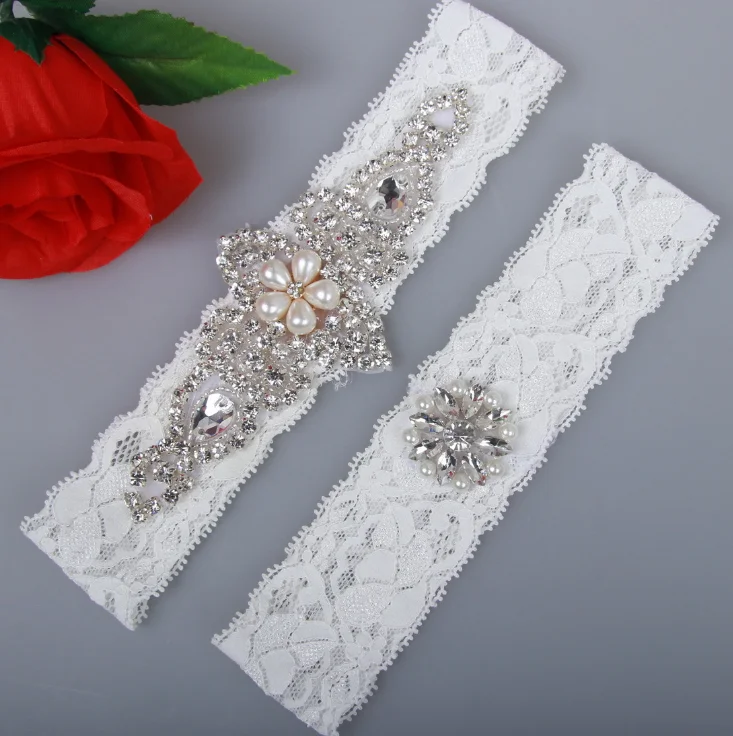 
ZH3644G Luxury Crystals Diamond Pearls Lace Garters For Brides Wedding Accessories White Handmade Women Sexy Leg Garters 