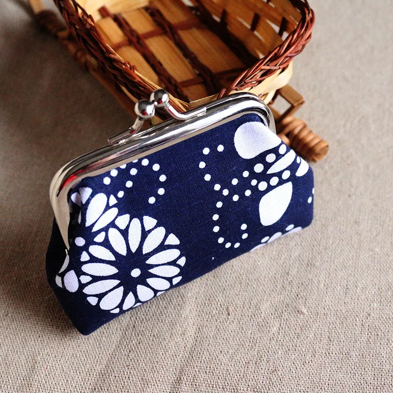 customized cheap promotional metal frame coin bag retro ethnic blue cotton mini snap coin purse