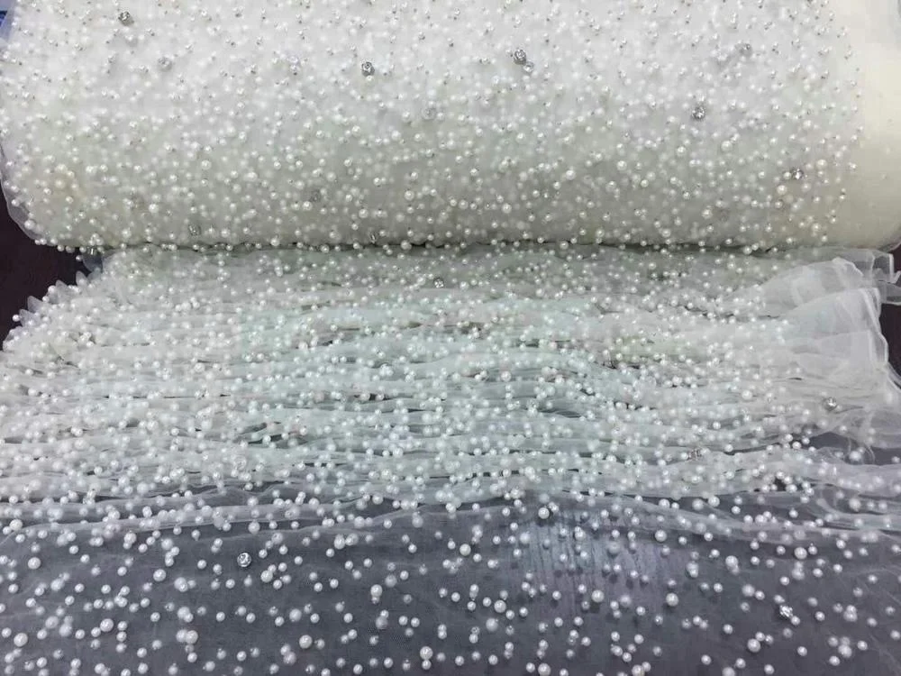 latest fashion french crystal beaded pearl lace fabric for wedding dress