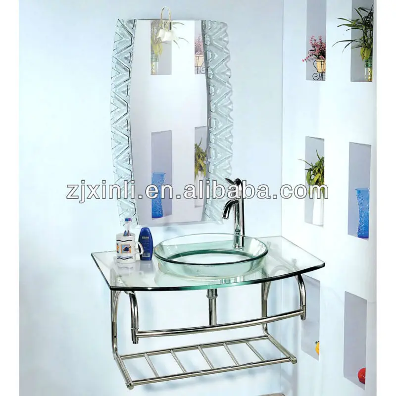 High Quality Tempered Bathroom Glass Basin, Transparent Glass with Stainless Steel Holder