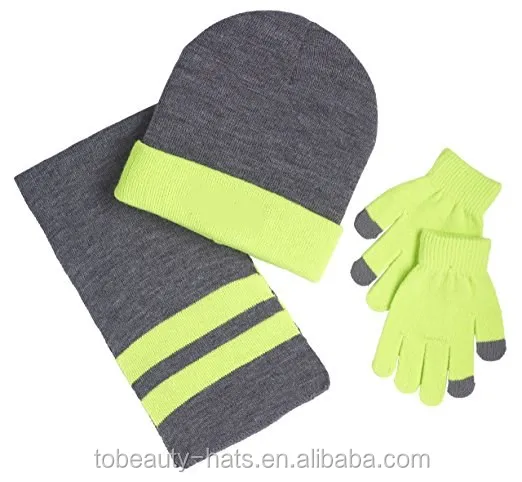 Custom top quality fashion winter striped touch screen gloves scarf hat knitted set