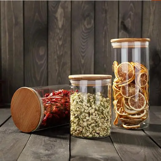 
Cheap food container glass storage jars with wooden lids for sale 