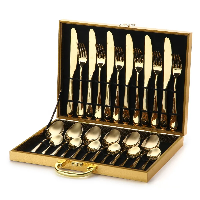 Stainless steel inox tableware 16pcs copper plated cutlery, 24pcs fork and spoon flatware silverware set with wood case