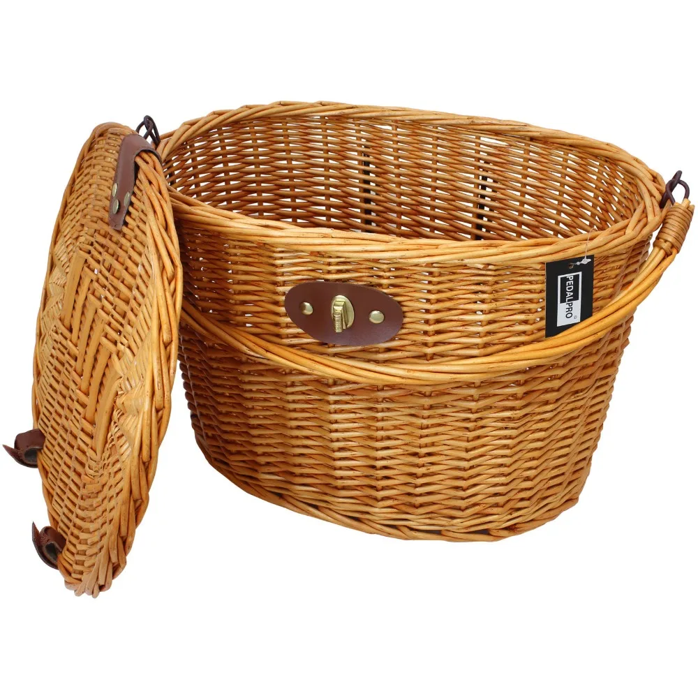 Factory Direct Hand Weaving Removable Wicker Bicycle Basket With Leather Strips