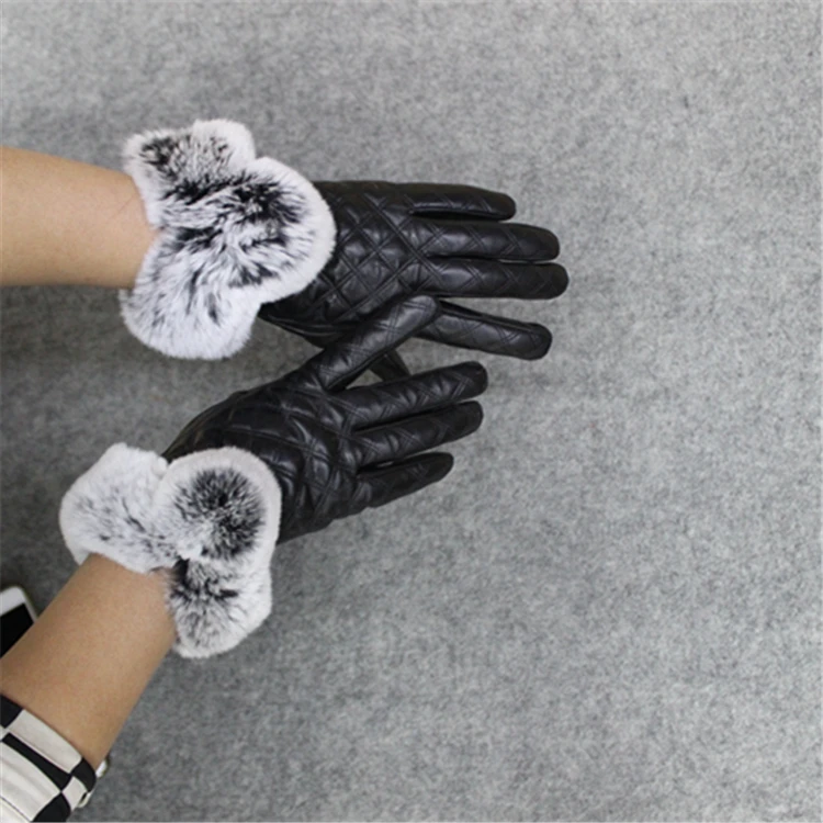 
Top Quality Winter Genuine Sheepskin Leather Glove With Real Rabbit Fur Trim 