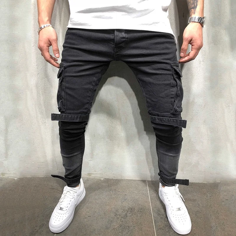 
Wholesale Price Mens Slim Fit Black Cargo Jeans Homme 
