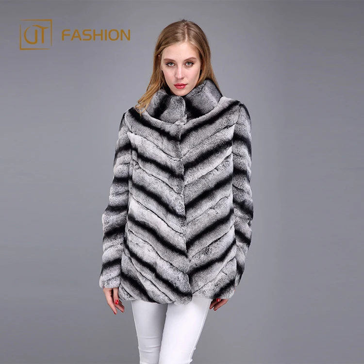 Top quality jtfur wholesale twill standing collar rex rabbit fur chinchilla women long coat