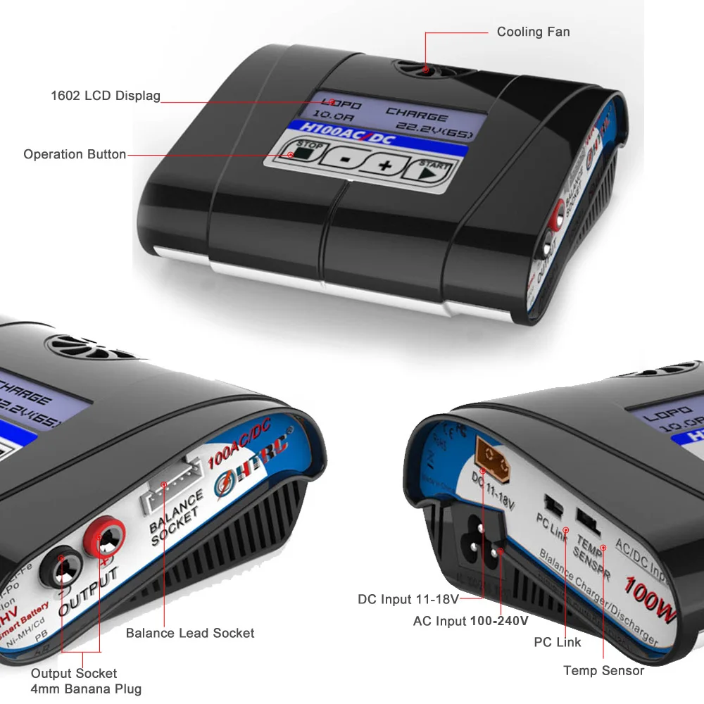 HTRC H100 AC/DC Multi-function RC Toy Lipo Battery Balance Charger/Discharger 100W 10A for Lipo Lilon LiFe Ni-MH Ni-CD Battery