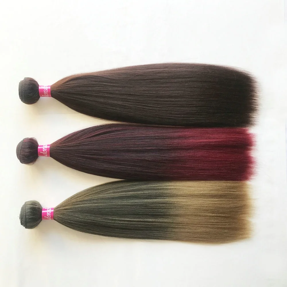 
factory prices heat resistant fiber mixed two tone color kinky straight yaki wave hair weave,synthetic semi hair weft T1b27 