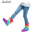 ActhInK New 2016 Kids Rainbow Rainboots Girls Striped Patch Antiskid Wellies Children Autumn Rain Boots Boys