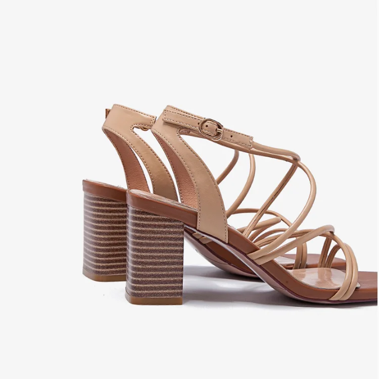 Nude Open Toe Middle Block Heel Cross Strap Dress Sandal Women Shoes