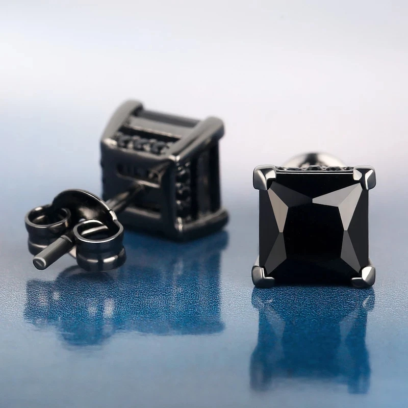 KRKC&CO Black Square Diamond Studs Men Earring Styles Hip Hop 14k Gold Plated Earring Silver Earring