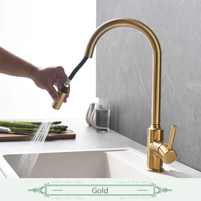 Luxury Single Handle Kitchen Faucet Sprayer Gold Kitchen Faucet Brass Modern Contemporary Ceramic Sinks Kitchen with Pull Down