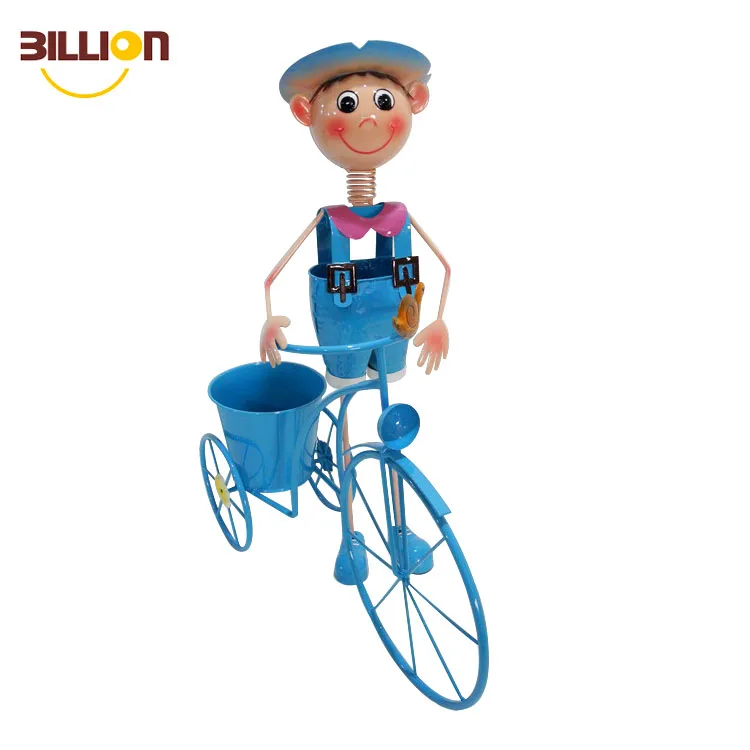 Metal Boy Garden Sculptures Decorative Bicycle Flower Planters Iron Bicycle RP