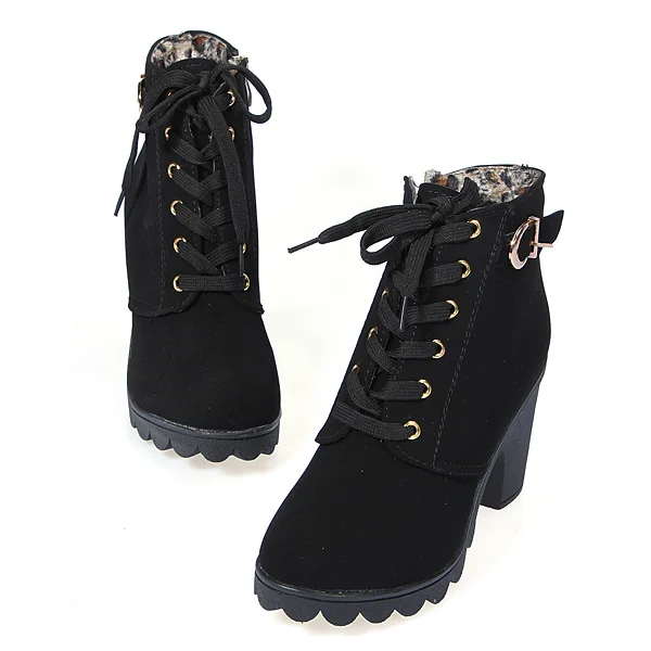 Women Chunky Block High Heel Ankle Boots Winter Nubuck