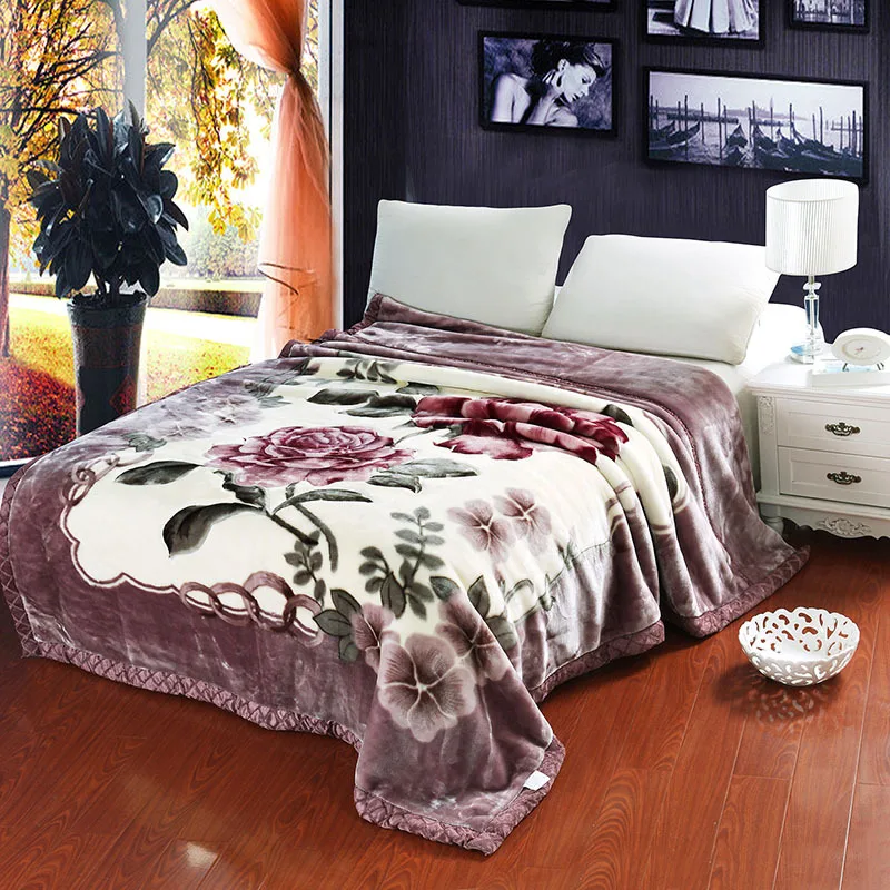 Yutong Raschel Blanket Polyester Double-layer Thick Blanket Winter Warm Flower Printed Pattern Soft Sleeping Blanket 5KG
