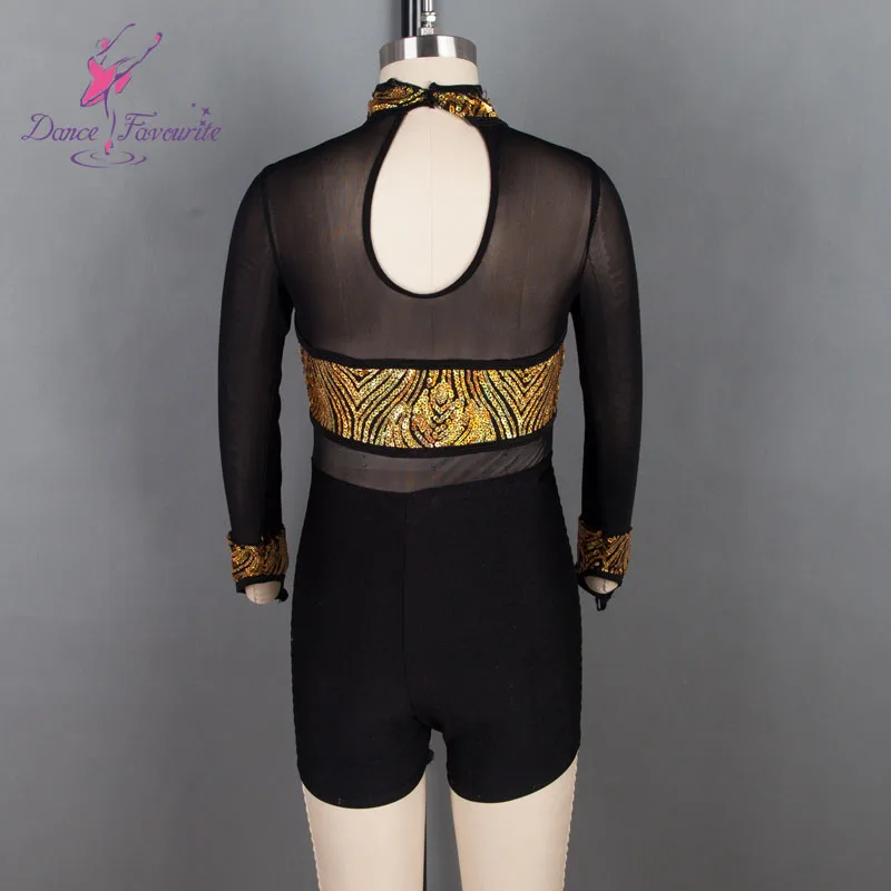 Long Sleeve Transparent Black Mesh Jazz & Tap & Hip Hop Dance Costumes with Gold Sequin Bodice 18526