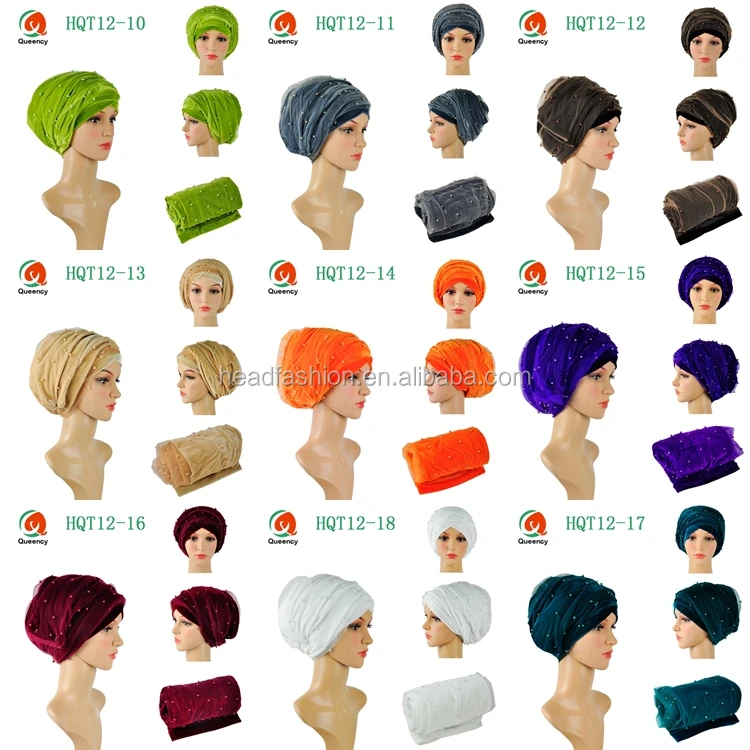 HQT12 Queency Latest Fashion Handmade Islamic Muslim Women Turban Gele Velvet Headscarf with Net and Beads