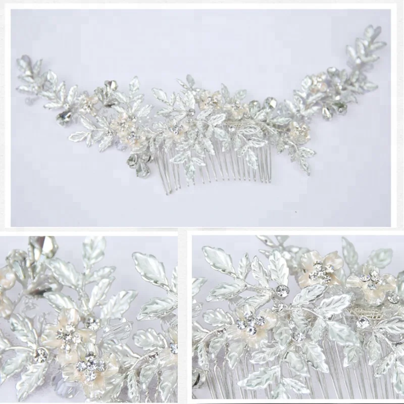 
Handmade Wedding Hair Comb Bride Silver Leaf Metal Hairbands Flower shape Crystal Hair combs For Women 