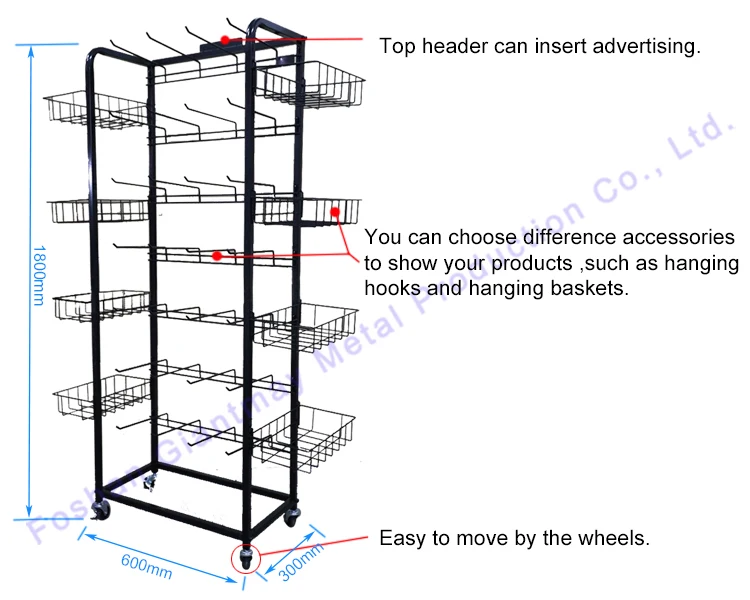 Retail Shop Supermarket Metal Wire Rack Mesh with 8 Baskets Shelf Candy Product Hooks Display Stand