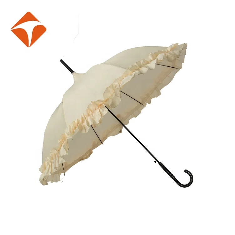 Lace Pagoda Wedding Umbrella Prices White Frill Design Standard Size Auto Open Straight Ladies Plastic Handle Outdoor for Adults