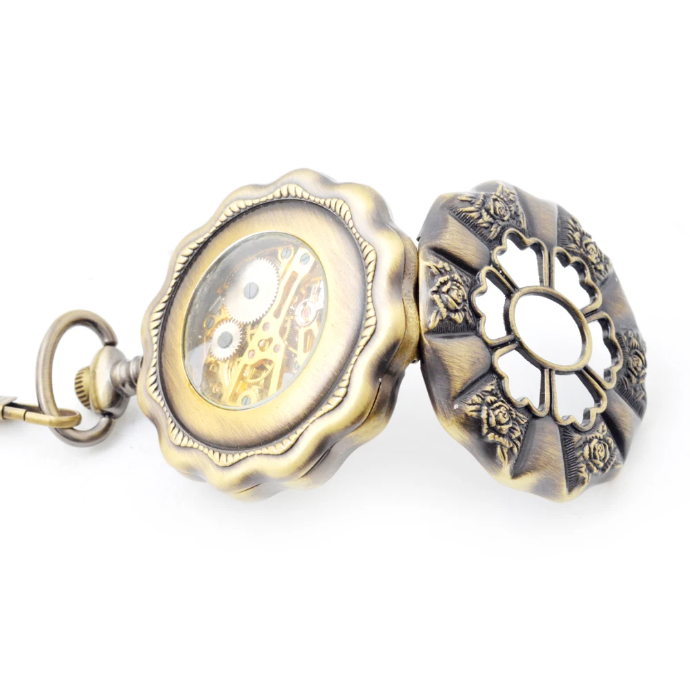 Ancient Style Flower Shape Hollowed Out Machine Pocket Watch With Thin Chain