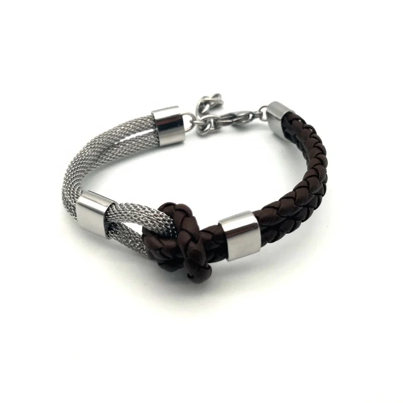 Круглый браслет из нержавеющей стали, Смешанный Браслет из натуральной кожи с узлом, ювелирное изделие для женщин и мужчин, 2 мм