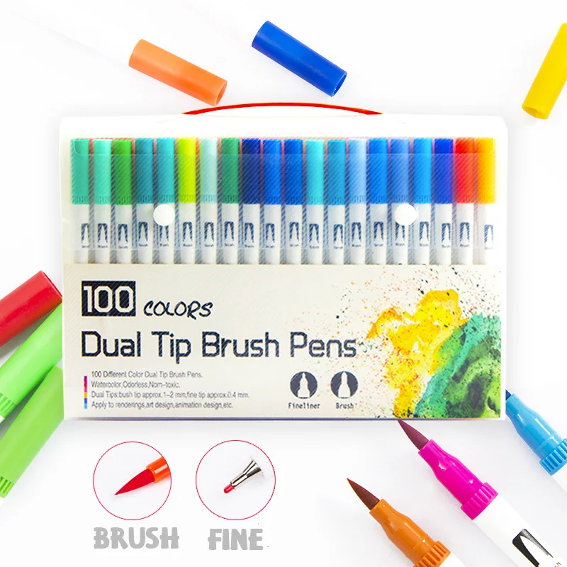 100 pack fineliner watercolor brush pens set, dual tip colored art marker pen for calligraphy