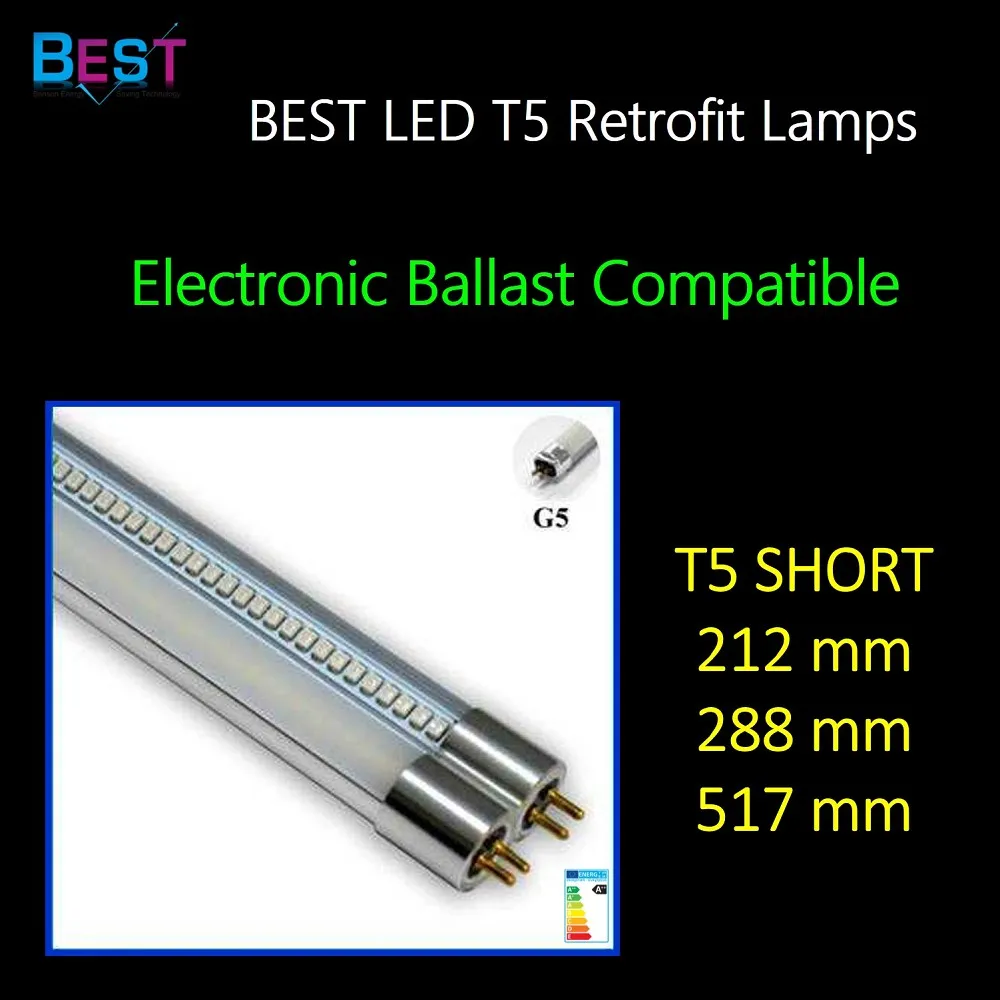 
BSET ballast compatible SHORT T5 LED retrofit tube with G5 base; also suitable for replacing T5 fluorescent emergency light 