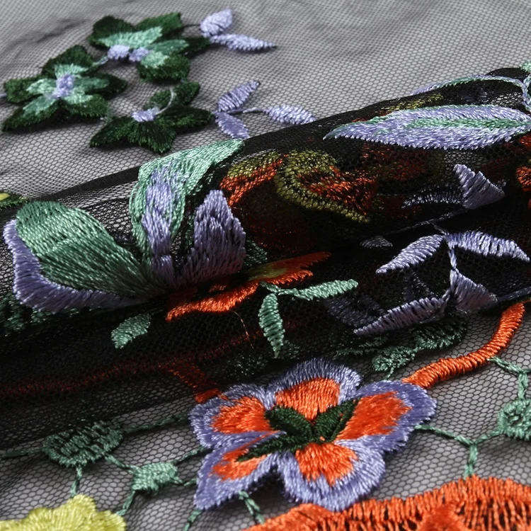 Custom Embroidered Tulle Lace Fabric Wholesale Mulity Color Floral Mesh Embroidery Yarn Decorated Multi Color OEM Accept 220G/M