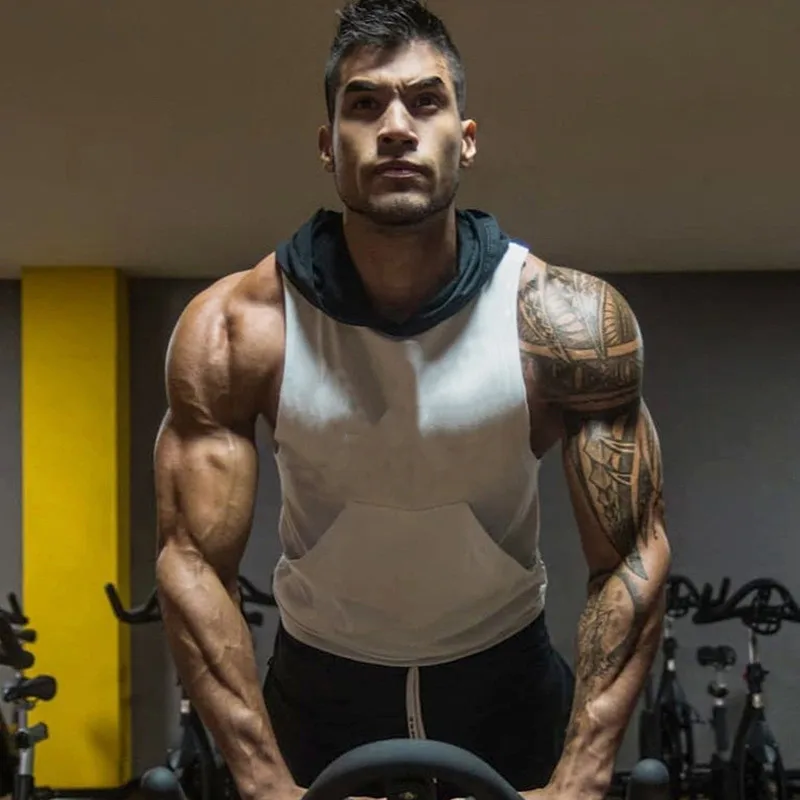 Новый стиль, жилет с капюшоном для тренажерного зала, мужские спортивные толстовки без рукавов