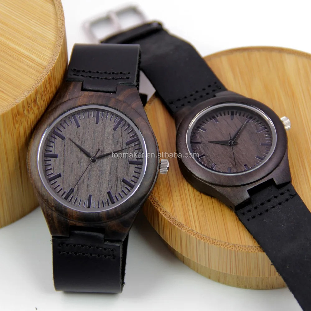 Mens Womens Wood Watches Black Sandalwood Watch with Genuine Leather Strap